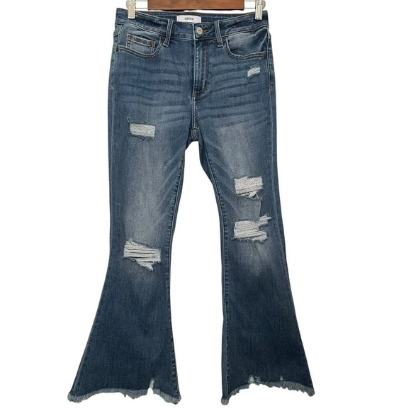 Ceros High Rise Flare Wide Leg Distressed Jeans Boho Festival Raw Hem Size 28 - Picture 7 of 7